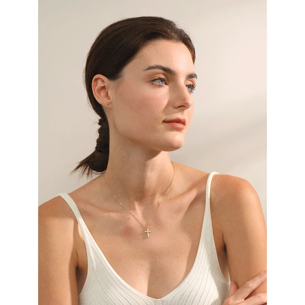Dainty Cross Necklace with Crystals for Women