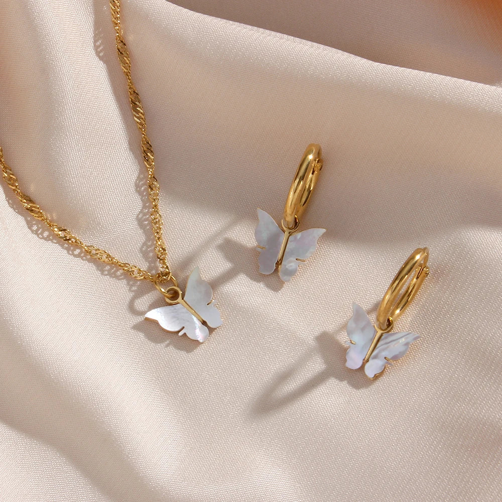 Butterfly Mother of Pearl Necklace and Earrings Set