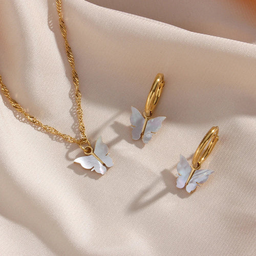 Butterfly Mother of Pearl Necklace and Earrings Set