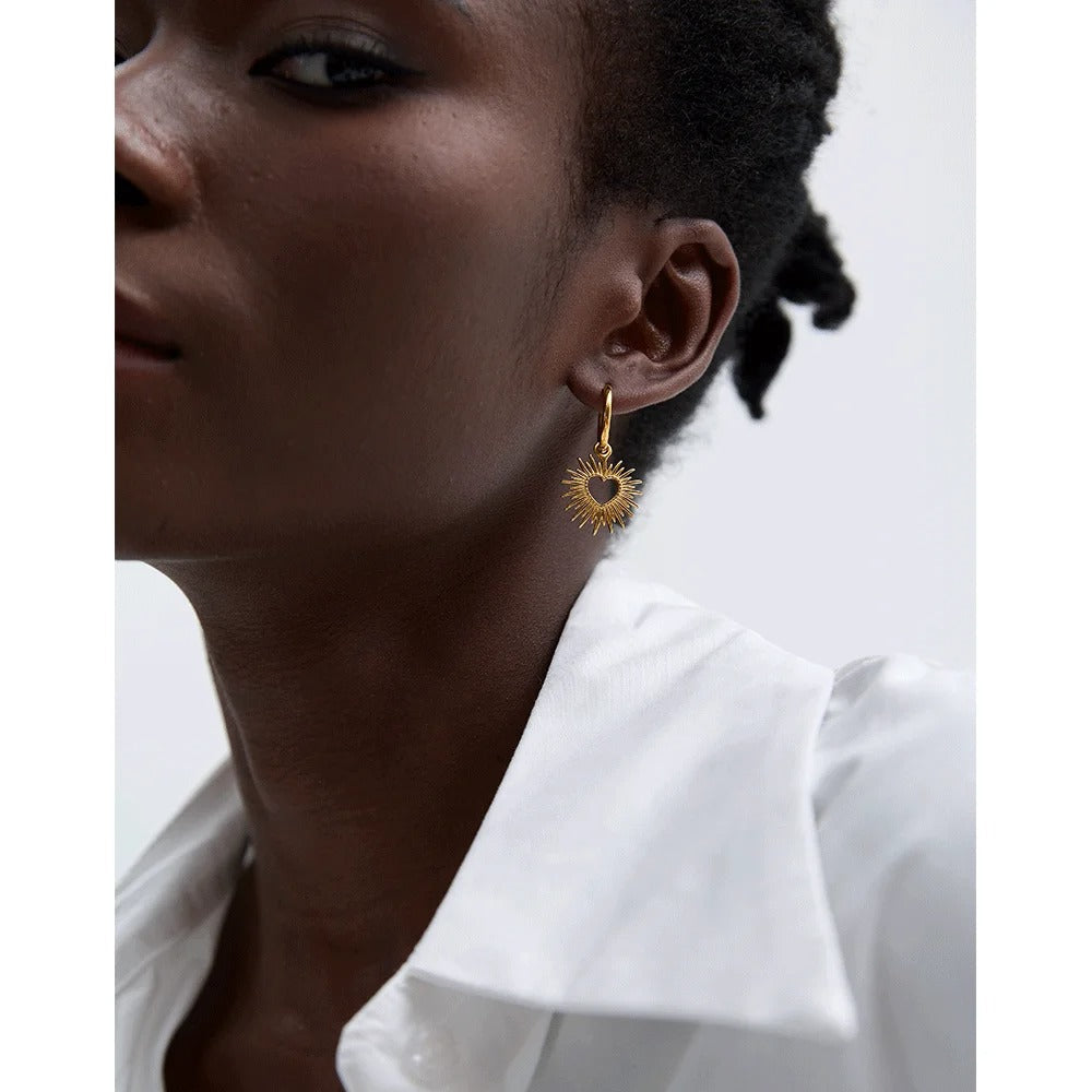 Sun-Kissed Love: Gold | Silver Heart Sun Hollow Drop Hoop Earrings