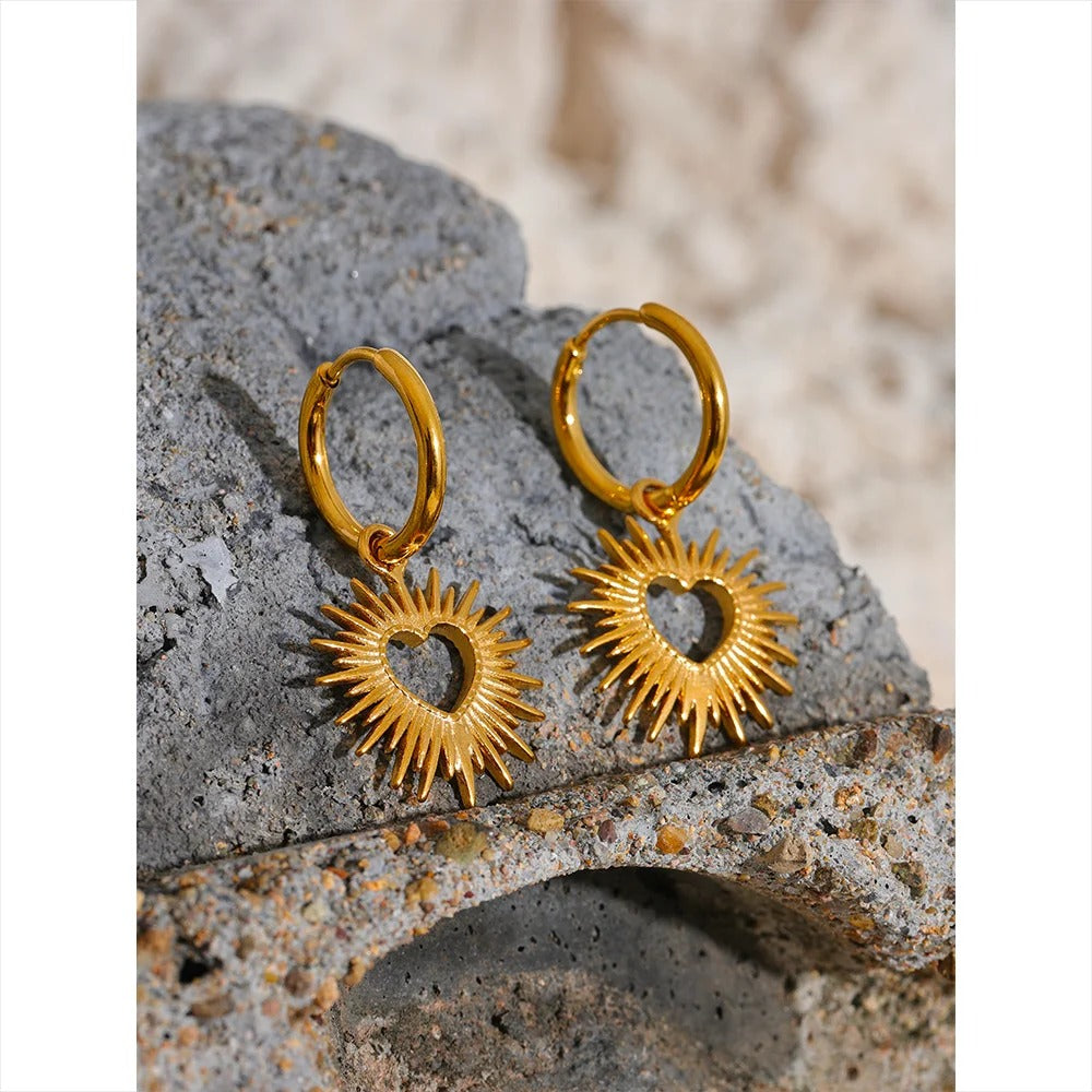 Sun-Kissed Love: Gold | Silver Heart Sun Hollow Drop Hoop Earrings