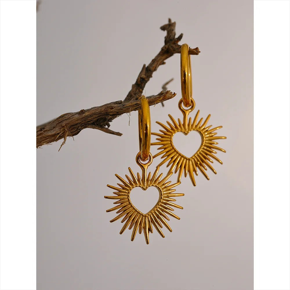 Sun-Kissed Love: Gold | Silver Heart Sun Hollow Drop Hoop Earrings