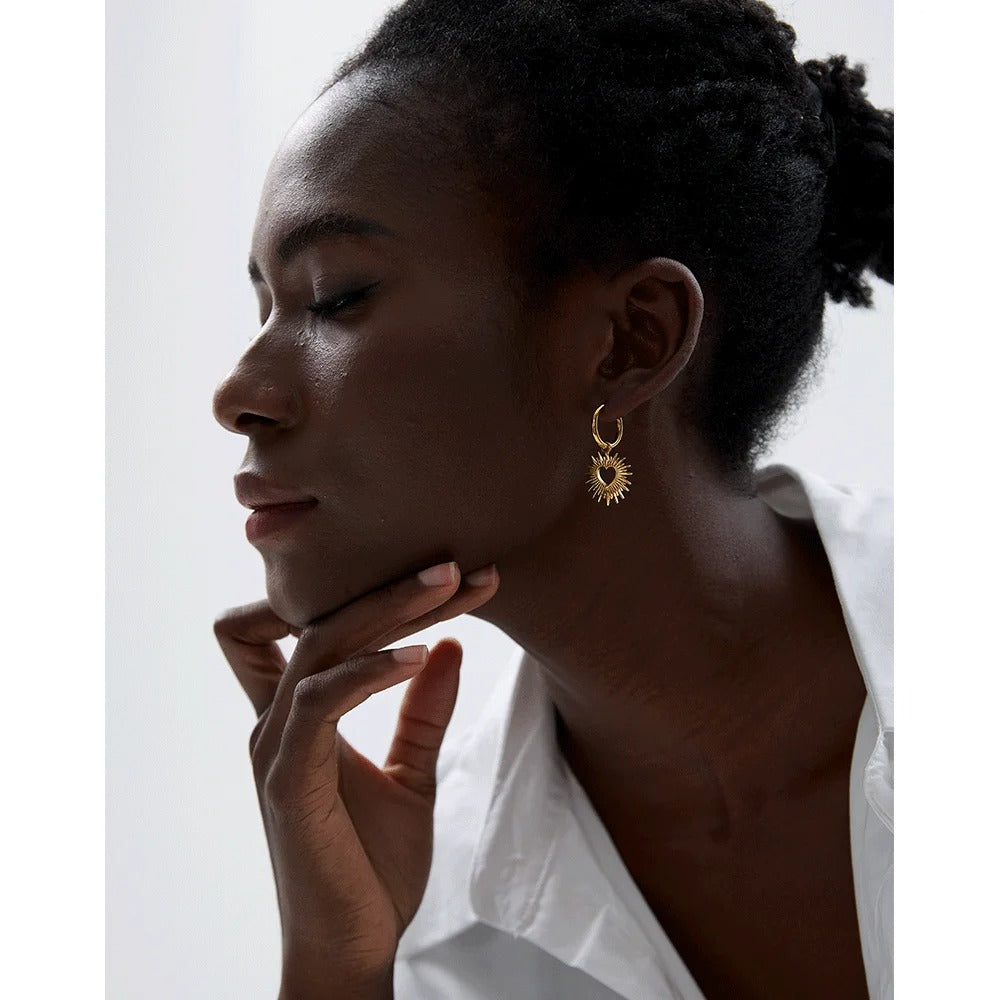 Sun-Kissed Love: Gold | Silver Heart Sun Hollow Drop Hoop Earrings