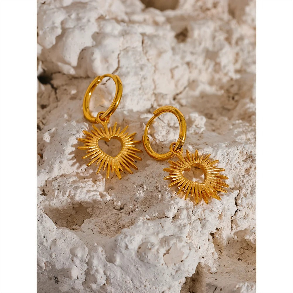 Sun-Kissed Love: Gold | Silver Heart Sun Hollow Drop Hoop Earrings